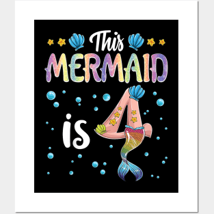 Kids This Mermaid Is 4 Years Old Birthday Girl 4Th Birthday Posters and Art